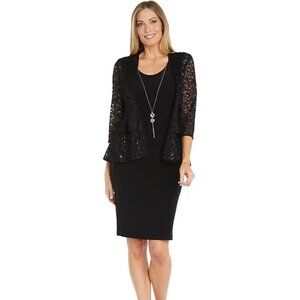R & M Richards Women's Glitter Lace Jacket & Necklace Dress Black Size 6
